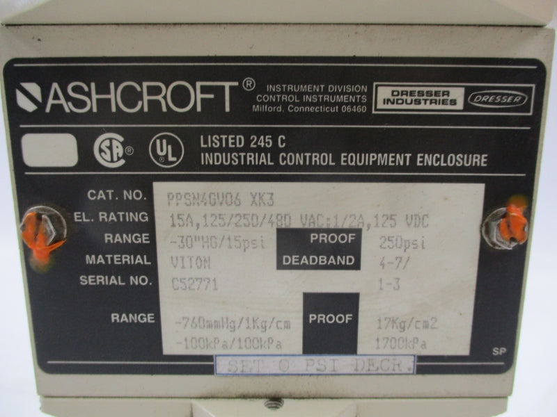 ASHCROFT PPSN4GV06XK3 480VAC 15A 250PSI NSMP