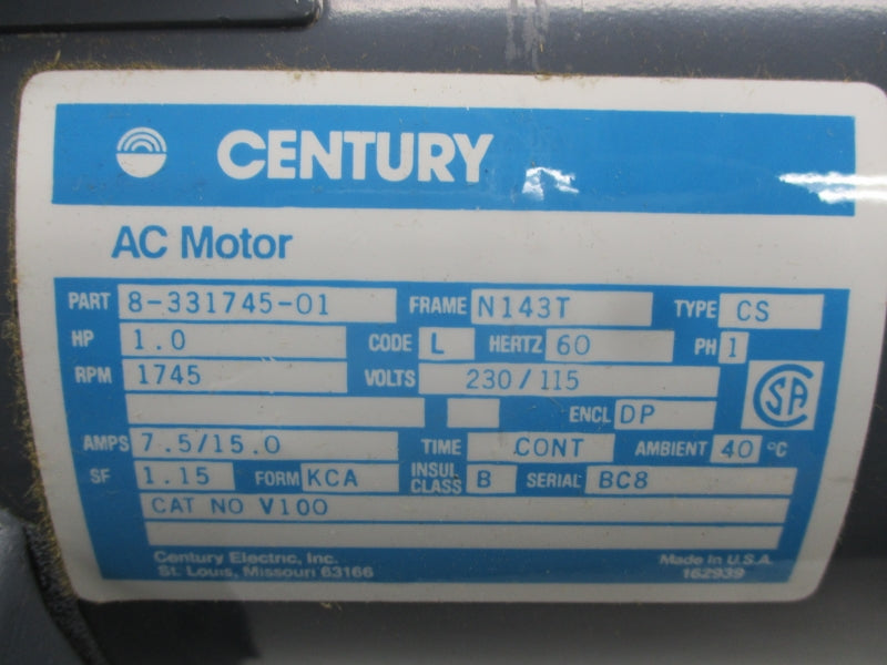CENTURY ELECTRIC 8-331745-01 115/230V 1.5/15.0A NSMP