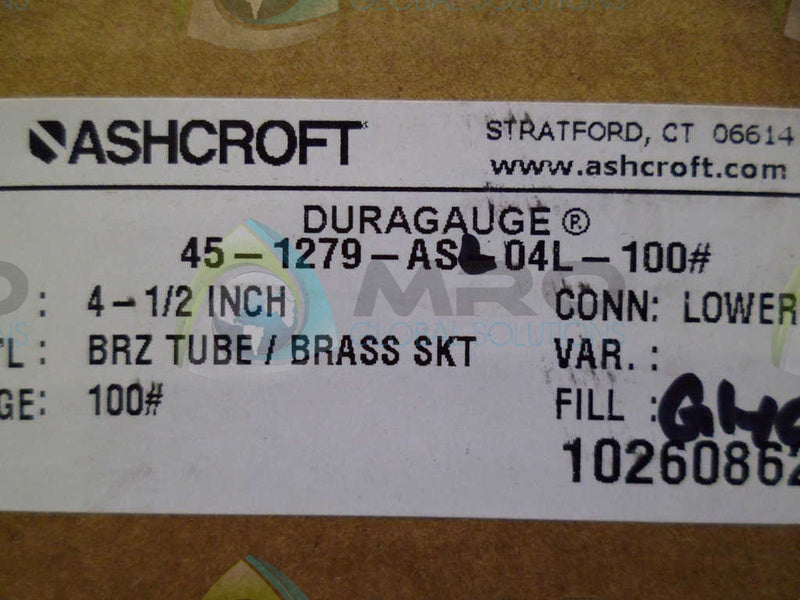 ASHCROFT 451279ASL04L-100# PRESSURE GAUGE 0-100 PSI NSMP