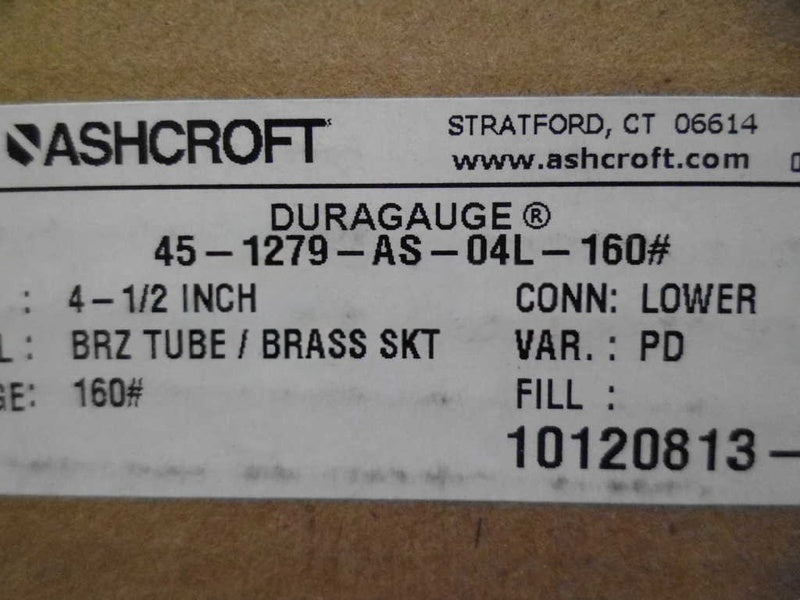 ASHCROFT 451279AS04L-160# PRESSURE GAUGE 0-160 PSI NSMP