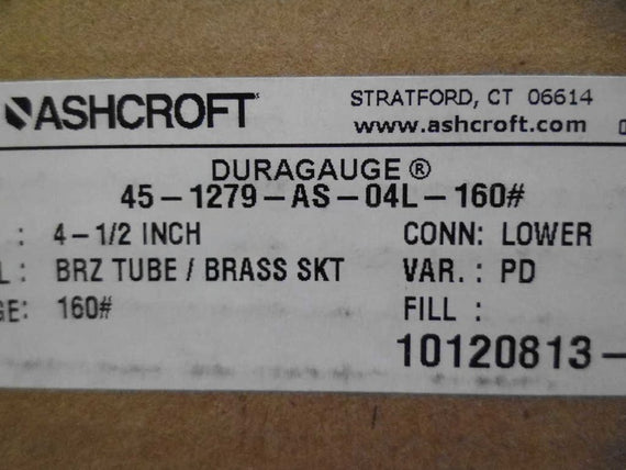 ASHCROFT 451279AS04L-160# PRESSURE GAUGE 0-160 PSI NSMP