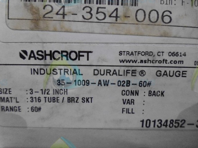 ASHCROFT 351009AW02B-60# PRESSURE GAUGE 0-60 PSI NSMP