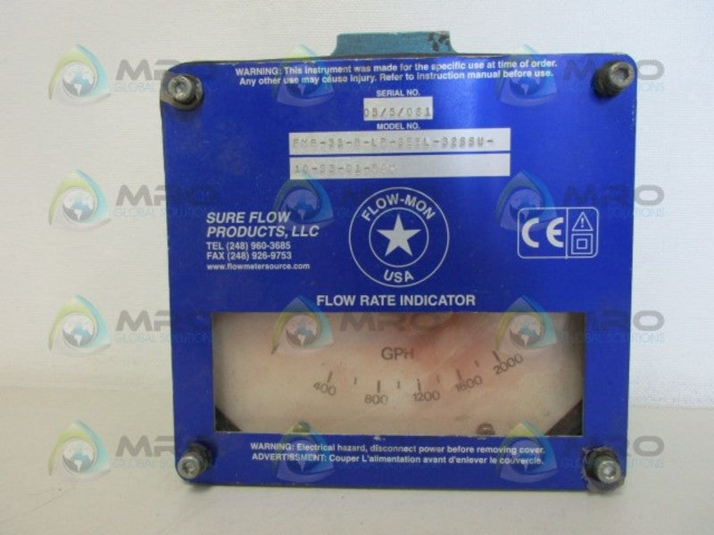 SURE FLOW PRODUCTS FMB-33-B-LP-3EEL-32SSU FLOW RATE INDICATOR UNMP