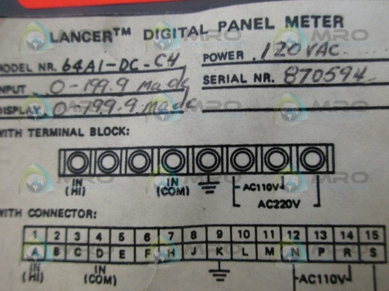 DORIC 64A1-DC-C4 PANEL METER UNMP