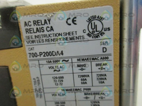 ALLEN BRADLEY 700-P200DA4 SER. D AC RELAY UNMP