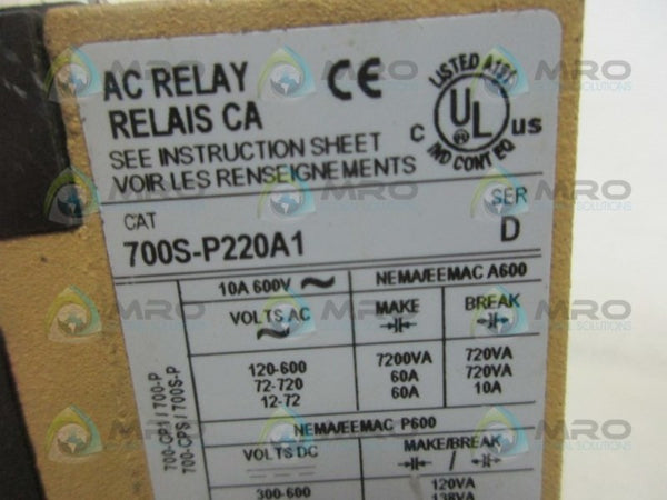 ALLEN BRADLEY 700S-P220A1 SER. D AC RELAY UNMP