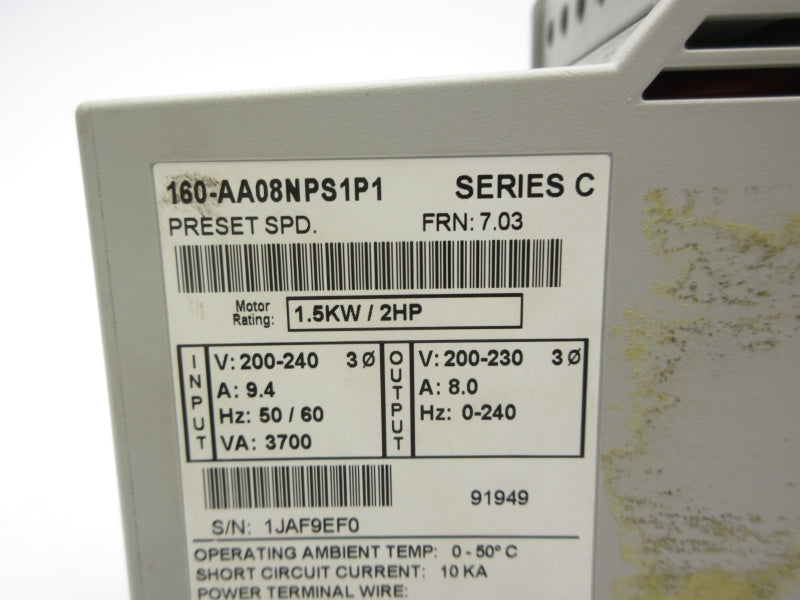 ALLEN BRADLEY 160-AA08NPS1P1 SER. C F/W 7.03 200-240V 9.4A UNMP