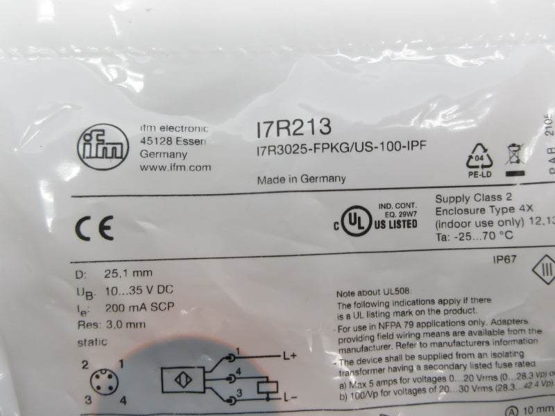 IFM EFECTOR I7R3025-FPKG/US-100-IPF I7R213 10-35VDC NSMP