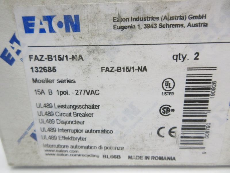 EATON FAZ-B15/1/NA 277VAC 15A (PKG OF 2) NSMP