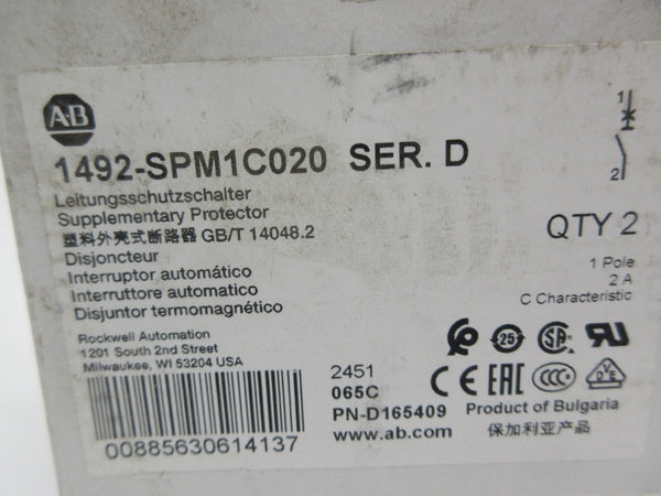 ALLEN BRADLEY 1492-SPM1C020 SER. D 277VAC 2A (PKG OF 2) NSMP