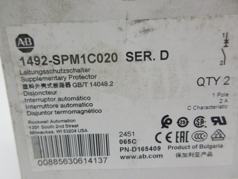 ALLEN BRADLEY 1492-SPM1C020 SER. D 277VAC 2A (PKG OF 2) NSMP