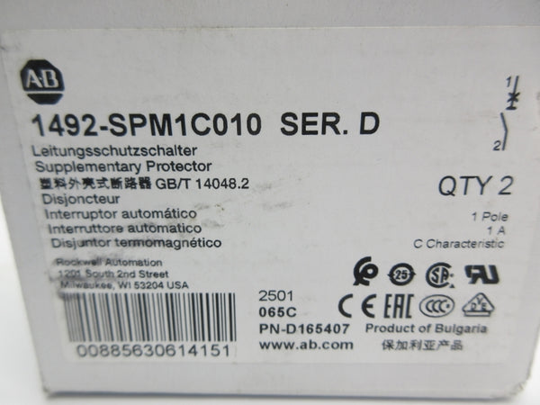 ALLEN BRADLEY 1492-SPM1C010 SER. D 277VAC 1A (PKG OF 2) NSMP