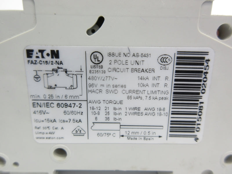 EATON FAZ-C15/2-NA 277V 15A NSNP