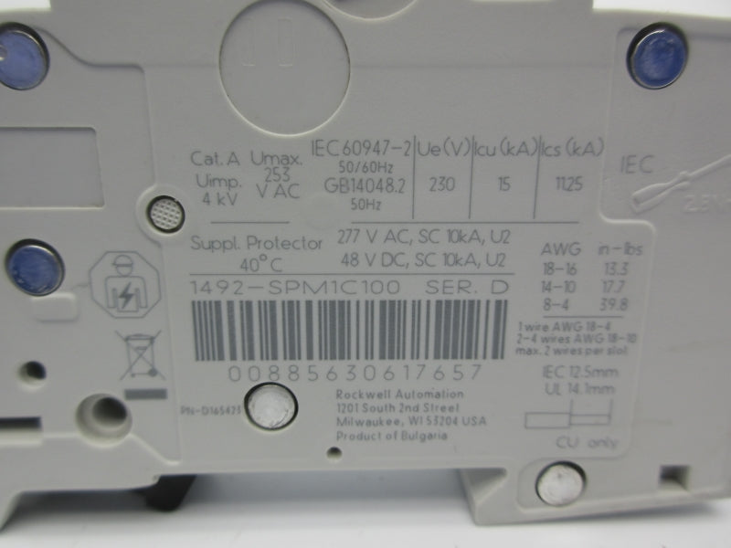 ALLEN BRADLEY 1492-SPM1C100 SER. D 277VAC 10A NSNP
