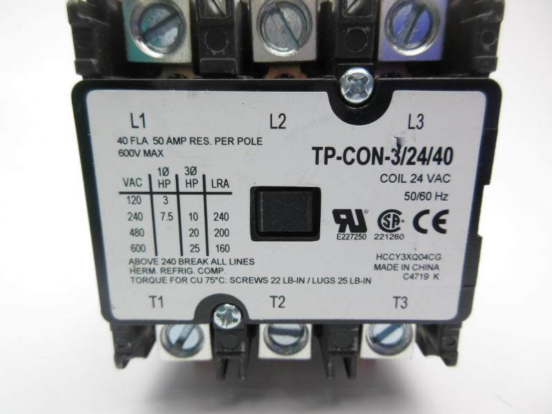 CONTACTOR TP-CON-3/24/40 24VAC 40A NSNP