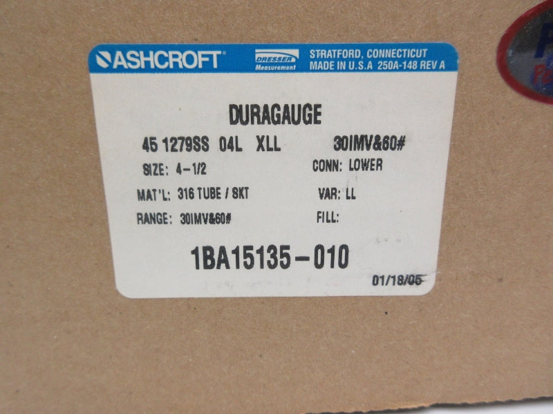 ASHCROFT 451279SS04LXLL30IMV&60# 60PSI 4-1/2" NSMP