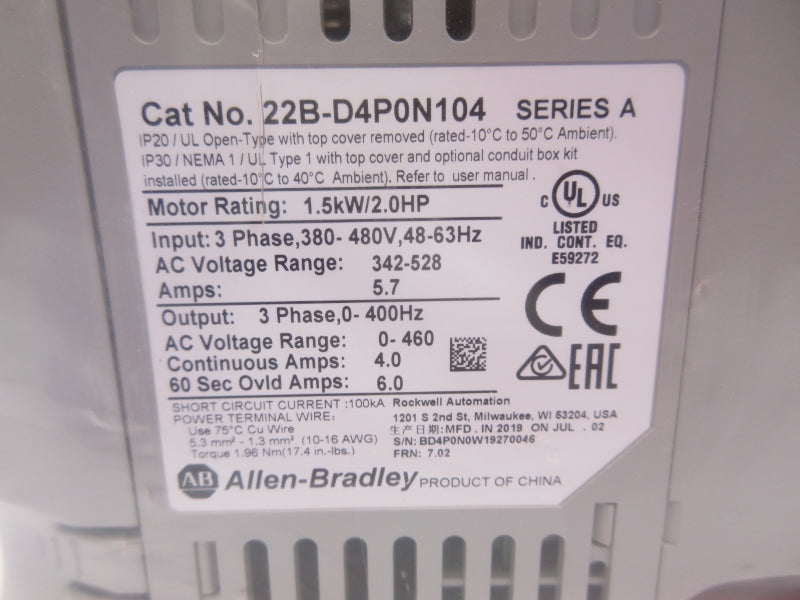 ALLEN BRADLEY 22B-D4P0N104 SER. A F/W 7.02 380-480V 5.7A NSNP