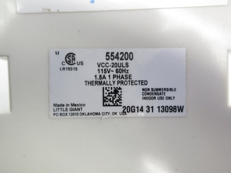 LITTLE GIANT VCC-20ULS 554200 115V 1.5A NSNP
