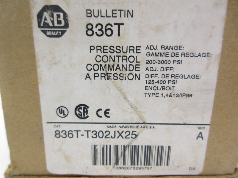 ALLEN BRADLEY 836T-T302JX25 SER. A 120-600VAC 60A 200-3000PSI (BR/WH) NSMP