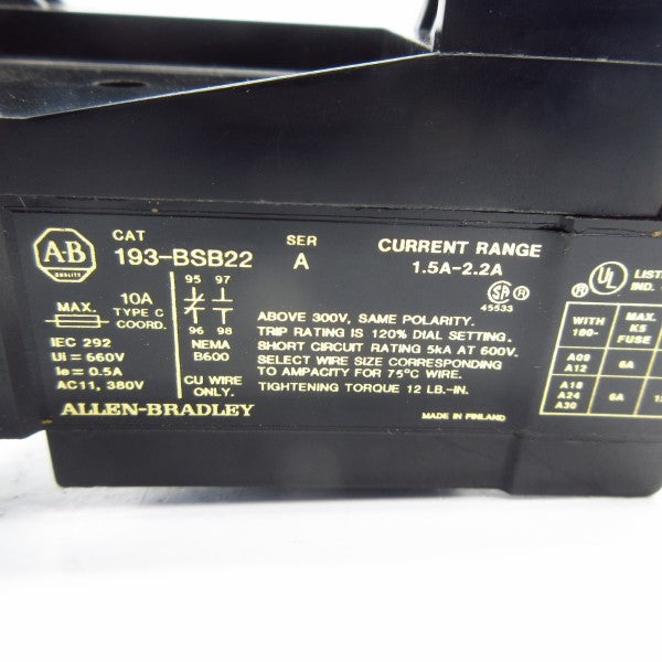 ALLEN BRADLEY 193-BSB22 SER. A 660V 1.5-2.2A NSNP