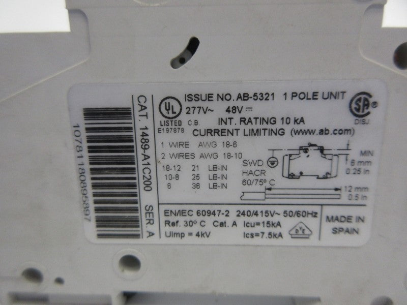 ALLEN BRADLEY 1489-A1C200 SER. A 277V 20A NSNP