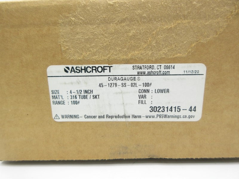 ASHCROFT 45-1279-SS-02L-100# 0-100PSI 4-1/2" (BR) NSMP