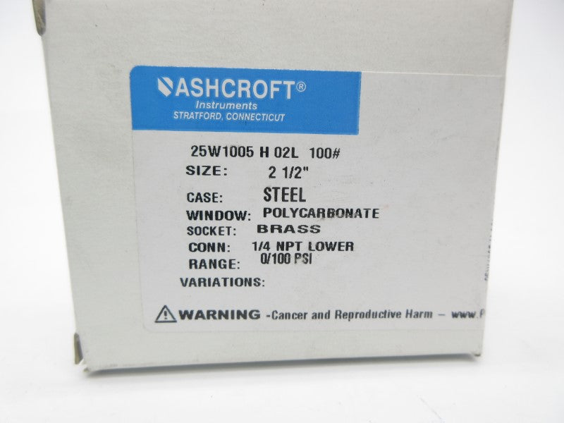 ASHCROFT 25W1005H02L100# 0-100PSI 2-1/2" NSMP