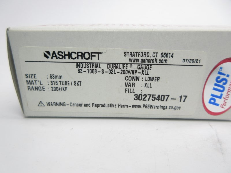 ASHCROFT 63-1008-S-02L-200#/KP-XLL 0-200PSI NSMP