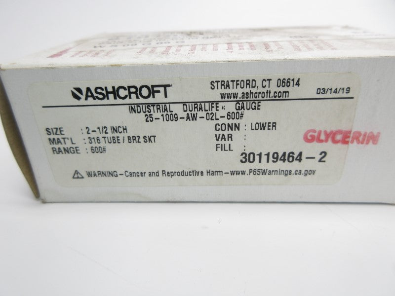 ASHCROFT 25-1009-AW-02L-600# 600PSI 2-1/2" NSMP