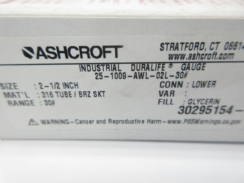 ASHCROFT 25-1009-AWL-02L-30# 30PSI 2-1/2" NSMP