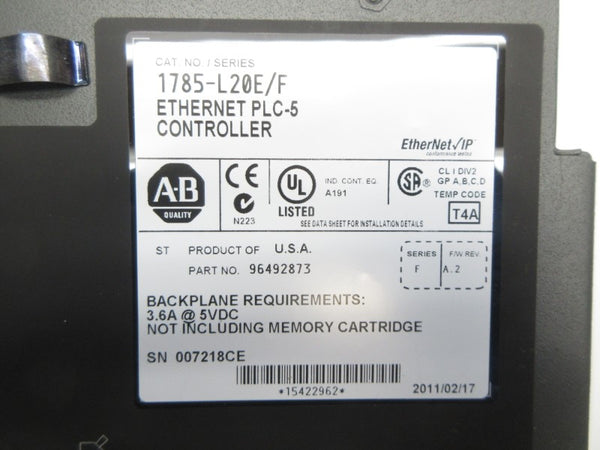 ALLEN BRADLEY 1785-L20E SER. F F/W A.2 5VDC 3.6A (NO KEY) NSNP