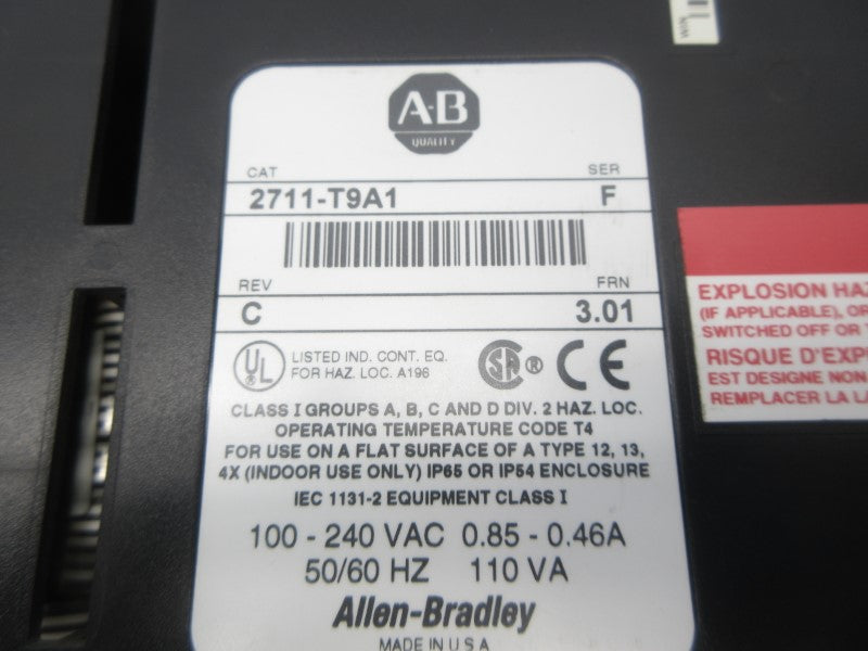 ALLEN BRADLEY 2711-T9A1 SER. F F/W 3.01 100-240VAC 0.85-0.46A NSNP