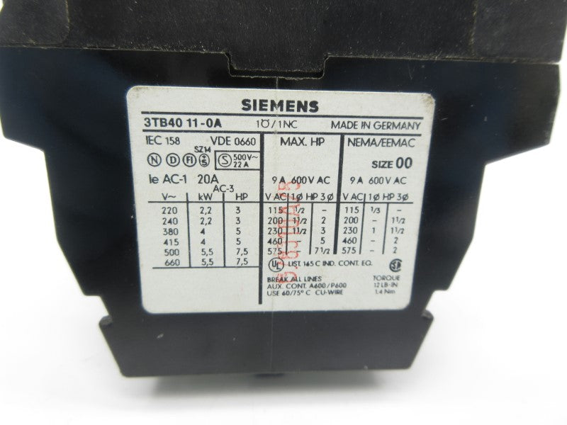 SIEMENS 3TB4011-0A 115V 9A NSNP