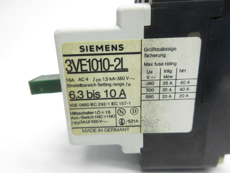 SIEMENS 3VE1010-2L 660V 6.3-10A NSNP