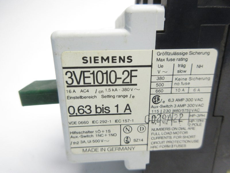 SIEMENS 3VE1010-2F 660V 0.63-1A NSNP