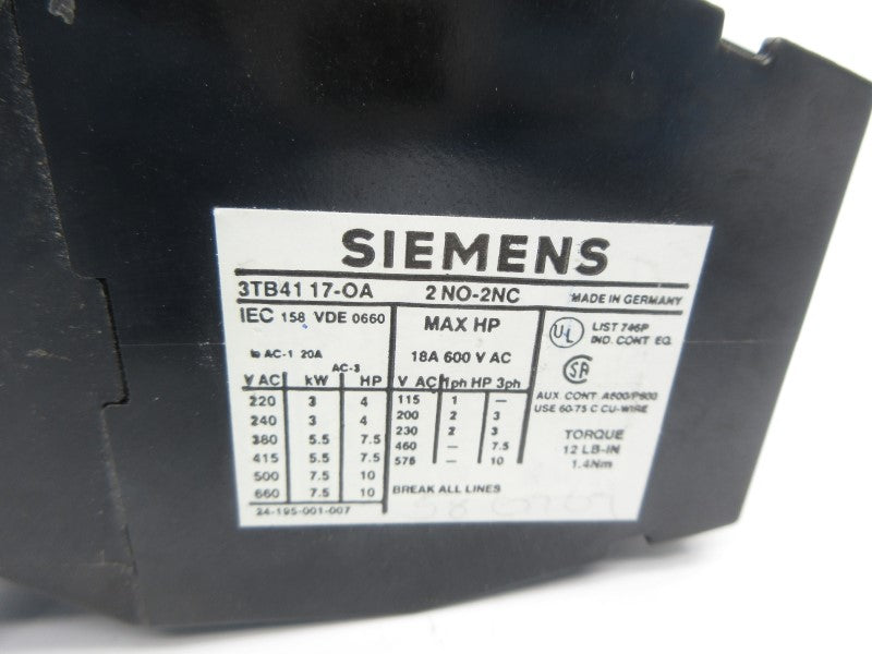 SIEMENS 3TB4117-0A 110/120V 20A NSNP