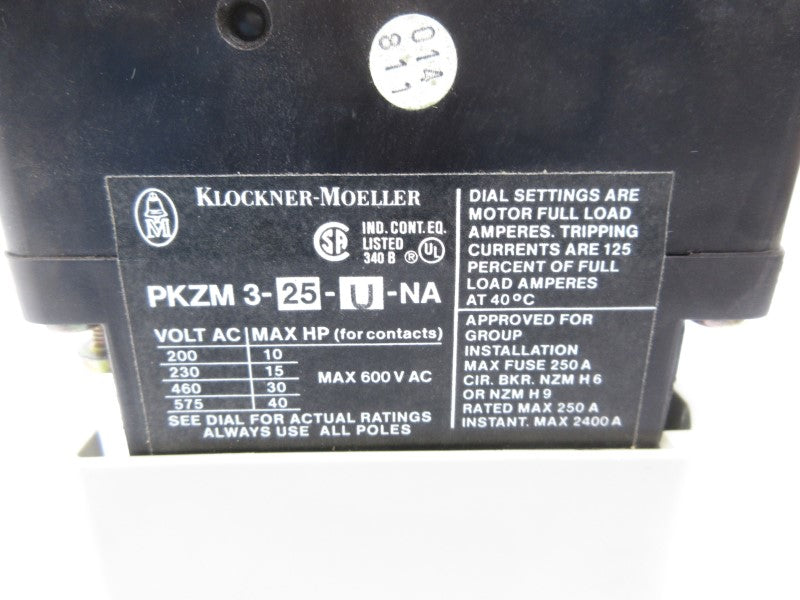 KLOCKNER MOELLER PKZM3-25-U-NA 600VAC NSNP