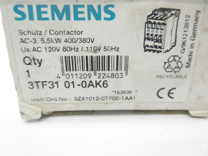 SIEMENS 3TF3101-0AK6 120VAC 20A NSMP