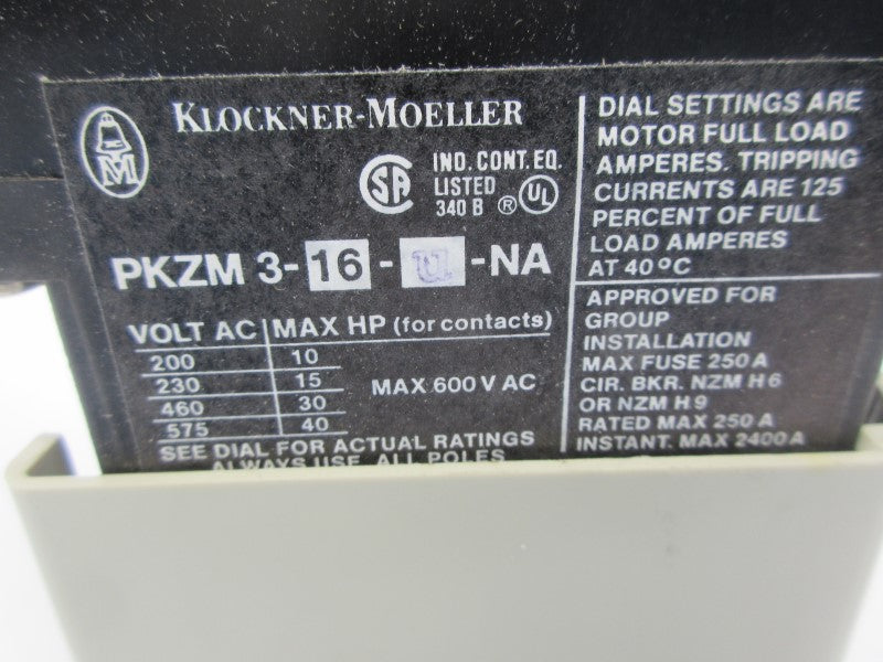 KLOCKNER MOELLER PKZM3-16-U-NA 600VAC NSNP