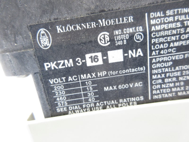 KLOCKNER MOELLER PKZM3-16-NA 600VAC NSNP