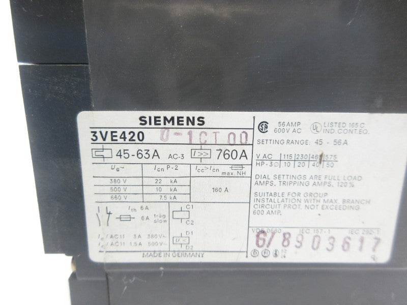 SIEMENS 3VE4200-1CT00 660V 45-63A NSNP