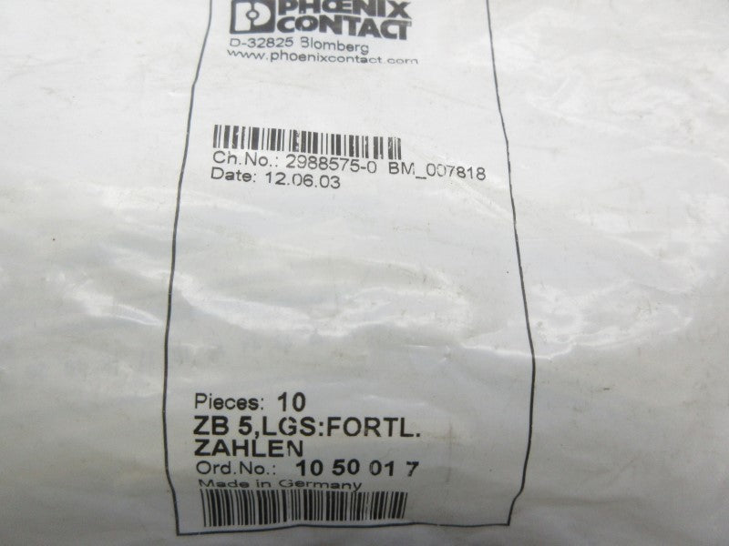 PHOENIX CONTACT ZB5,LGS:FORTL.ZAHLEN 1050017 (PKG OF 10) NSMP