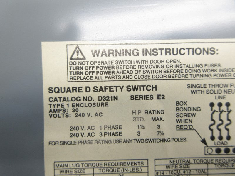 SQUARE D D321N SER. E2 240VAC 30A UNMP