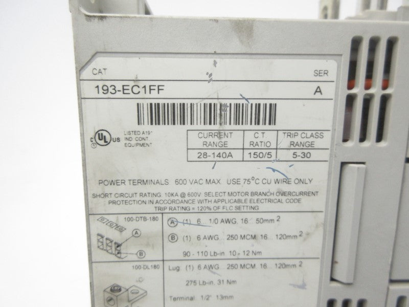 ALLEN BRADLEY 193-EC1FF SER. A 600VAC 28-140A NSNP