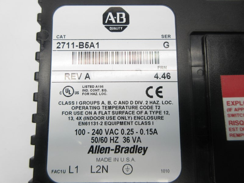 ALLEN BRADLEY 2711-B5A1 SER. G F/W 4.46 100-240VAC 0.25-0.15A NSNP