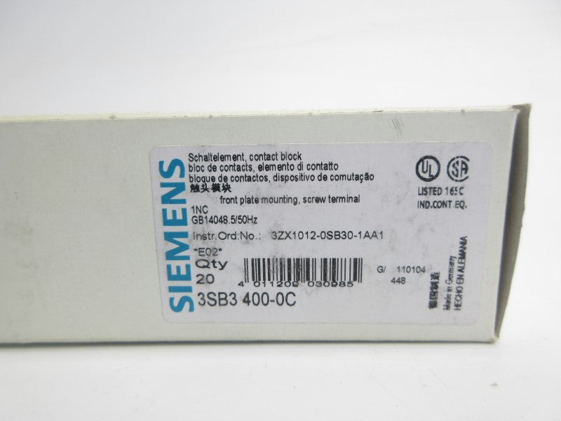 SIEMENS 3SB3400-0C 400VAC 10A (PKG OF 20) NSMP