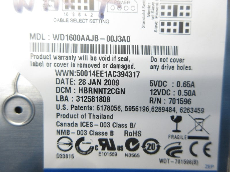 WESTERN DIGITAL WD1600AAJB-00J3A0 12VDC 0.50A NSNP