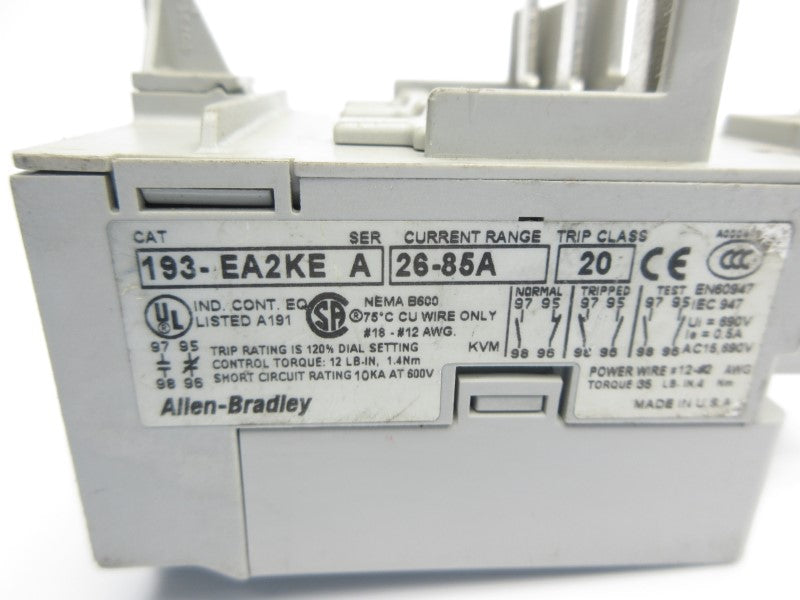 ALLEN BRADLEY 193-EA2KE SER. A 600V 26-85A UNMP