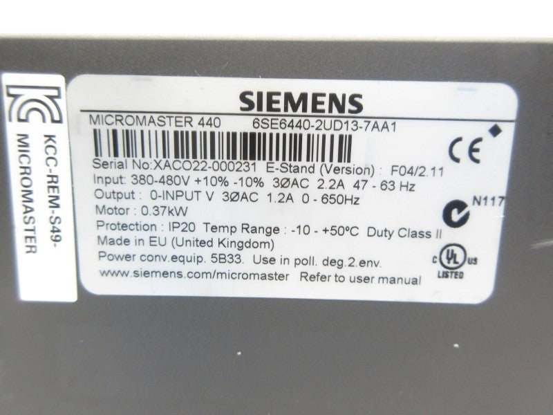 SIEMENS 6SE6440-2UD13-7AA1 380-480V 2.2A (AS PICTURED) NSNP