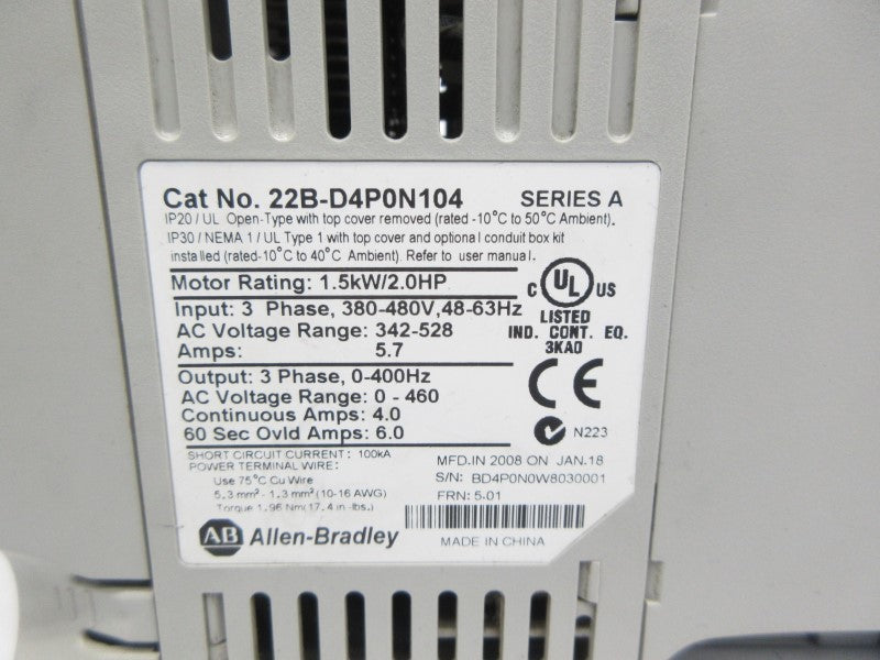 ALLEN BRADLEY 22B-D4P0N104 SER. A F/W 5.01 342-528VAC 5.7A UNMP